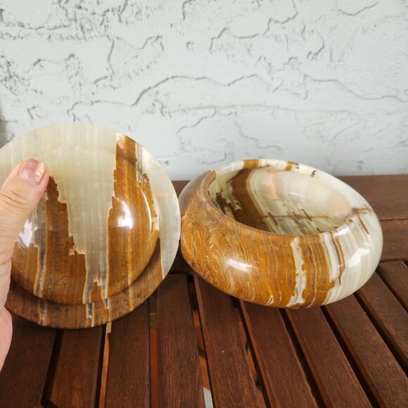 Vintage Polished Onyx Trinket Box with Lid – Brown & Cream Stone Dish 6" x 2.5" - Picture 5 of 9